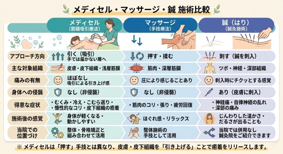 メディセルとは？皮膚・皮下組織・筋膜をリリースする吸引施術の仕組みと効果をまとめた画像。