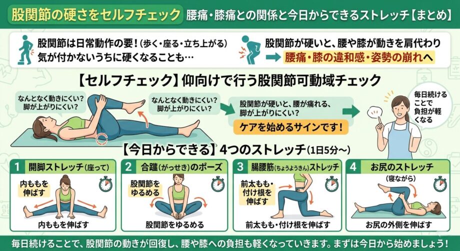 股関節の硬さをセルフチェック　腰痛・膝痛との関係と今日からできるストレッチをまとめた画像
