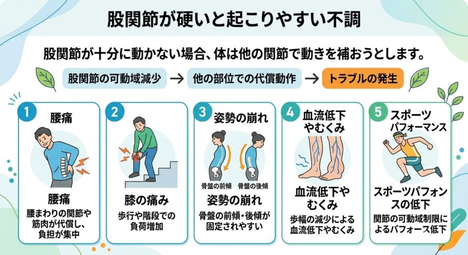 股関節が硬いと起こりやすい不調をまとめた画像。