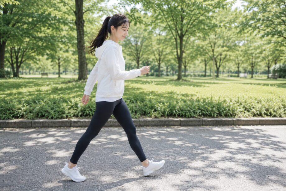 公園をウォーキングする女性。