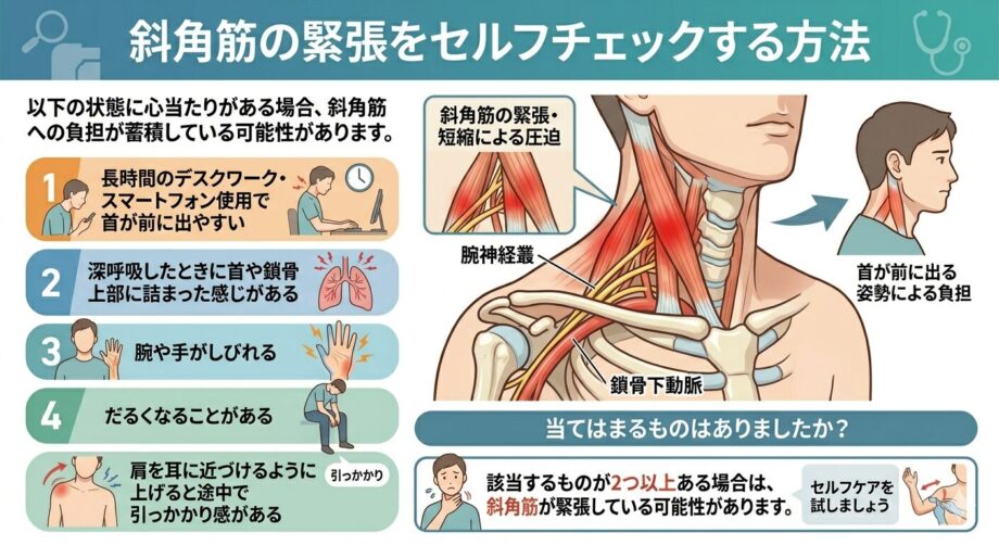 斜角筋の緊張をセルフチェックする方法をまとめた画像。
