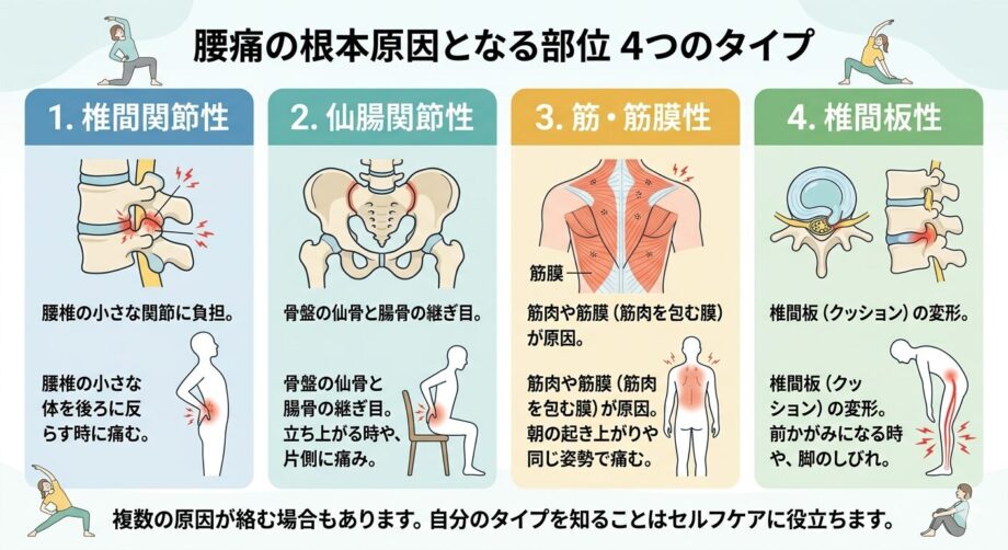 腰痛の原因となる4つの原因をまとめた画像。