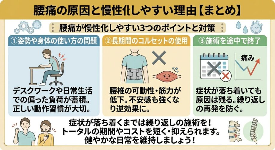腰痛の原因と慢性化しやすい理由をまとめた画像。