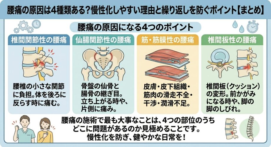 腰痛の原因は4種類ある？慢性化しやすい理由と繰り返しを防ぐポイントをまとめた画像。