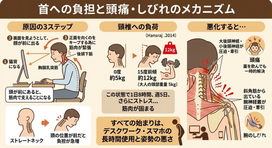 首の負担と頭痛、しびれのメカニズムをまとめた画像。