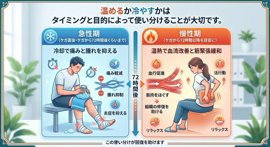 運動後は冷やす？温める？捻挫・筋肉痛の正しいアイシング＆温熱ケア【72時間の目安を解説】まとめた画像