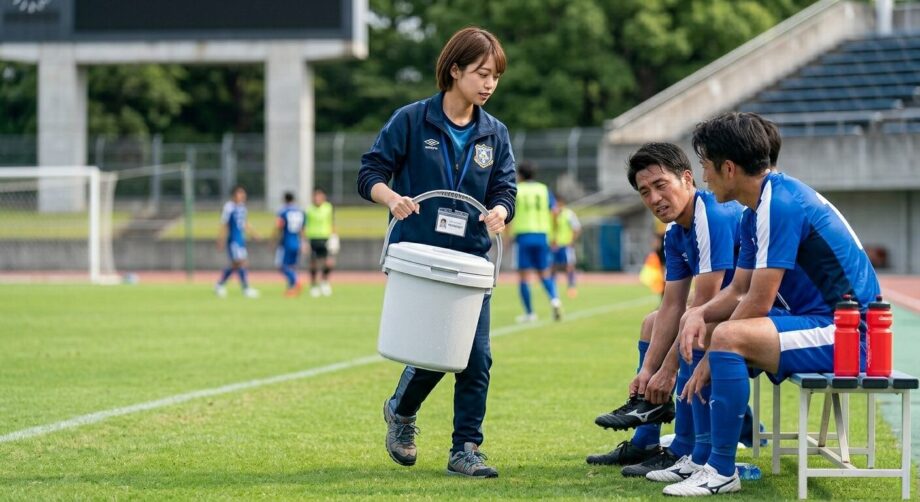 捻挫した選手の元にアイスバケツを届けるマネージャーの画像。
