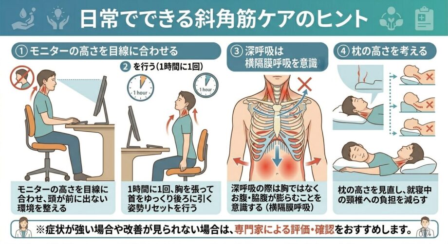 日常でできる斜角筋ケアのヒントをまとめた画像。