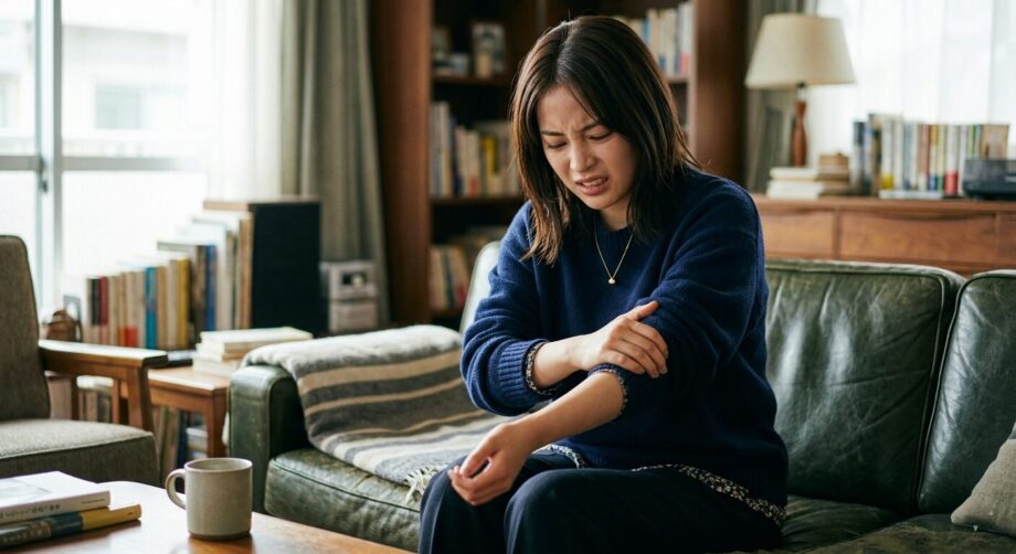 腕のシビレがあり不快に感じている女性の画像。