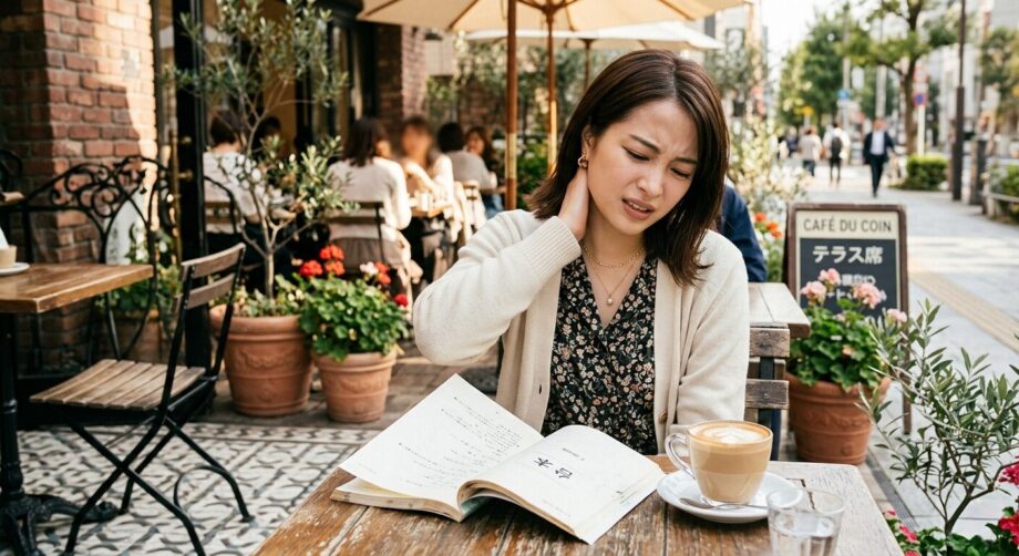 首がツラそうにしている女性の画像。