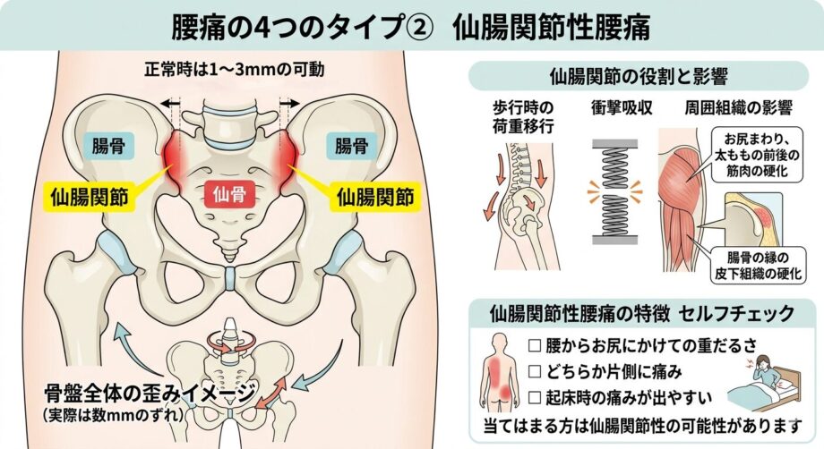 仙腸関節性の腰痛の特徴をまとめた画像。