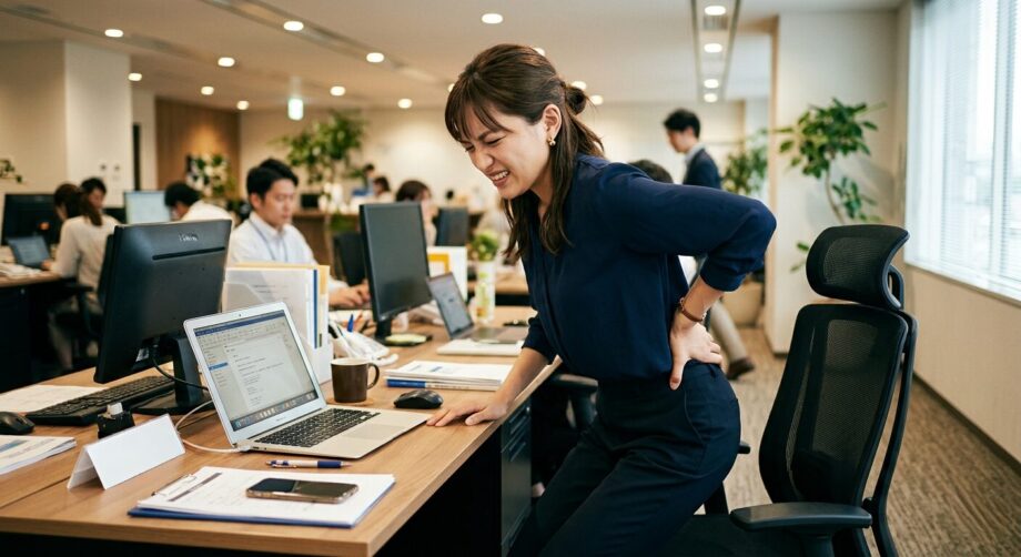 イスから立ちあがる際に腰が痛む女性。