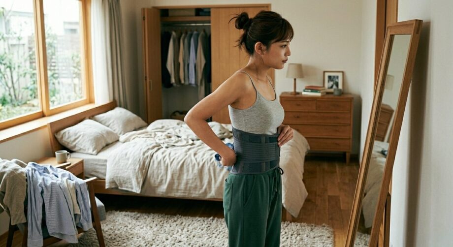腰痛ベルトを巻く女性の画像。