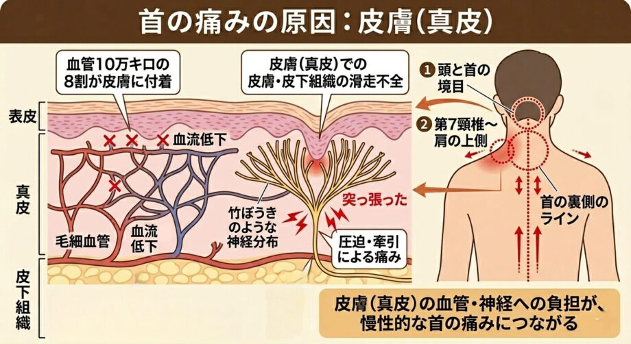 首の痛みの原因：皮膚（真皮）をまとめた画像。