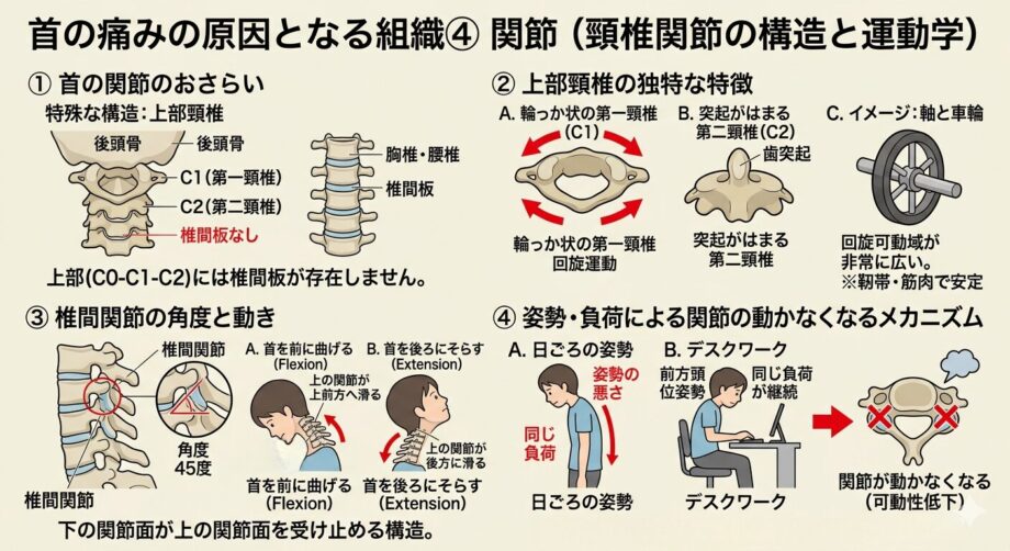首の痛みの原因となる組織④　関節をまとめた画像。