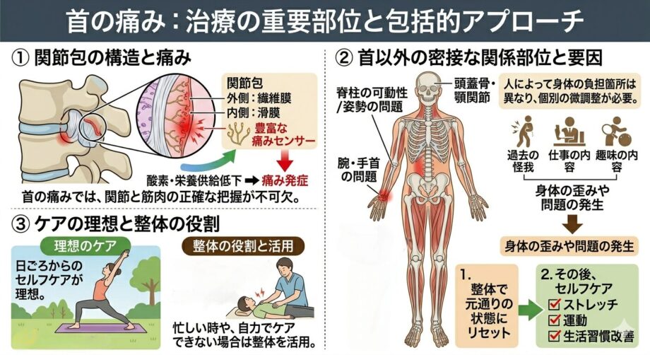 施術の重要部位とアプローチをまとめた画像。
