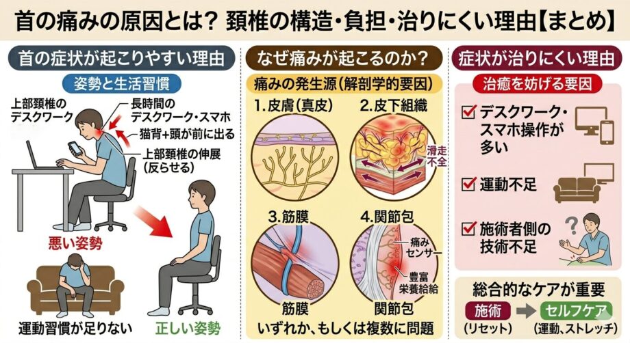 首が痛い原因とは？頚椎の構造・負担がかかる理由・治りにくい理由を解説をまとめた画像