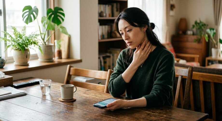 首の痛みを感じる女性の画像。