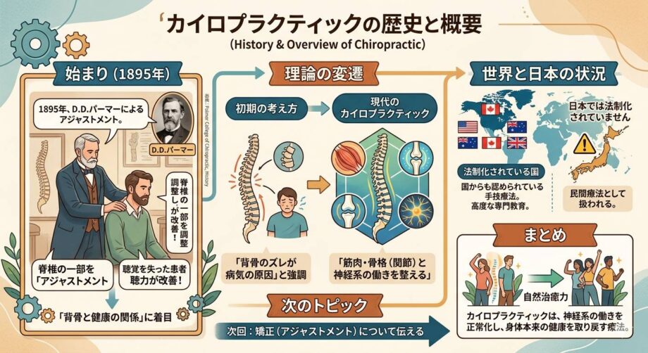 カイロプラクティックの歴史をまとめたインフォグラフィック。