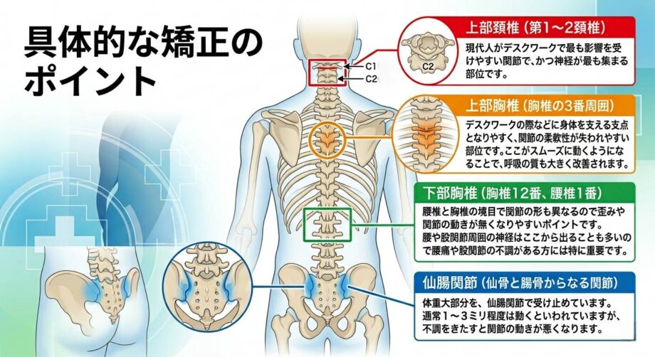 関節矯正の具体的なポイントをまとめたインフォグラフィック。