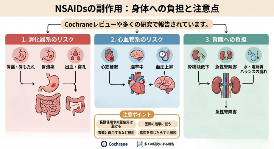 NSAIDｓ（鎮痛剤）の副作用のリスクをまとめた画像。
