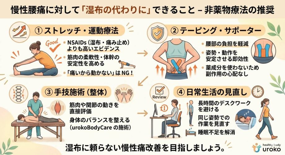 慢性腰痛に対して「湿布の代わりに」できることをまとめた画像。
