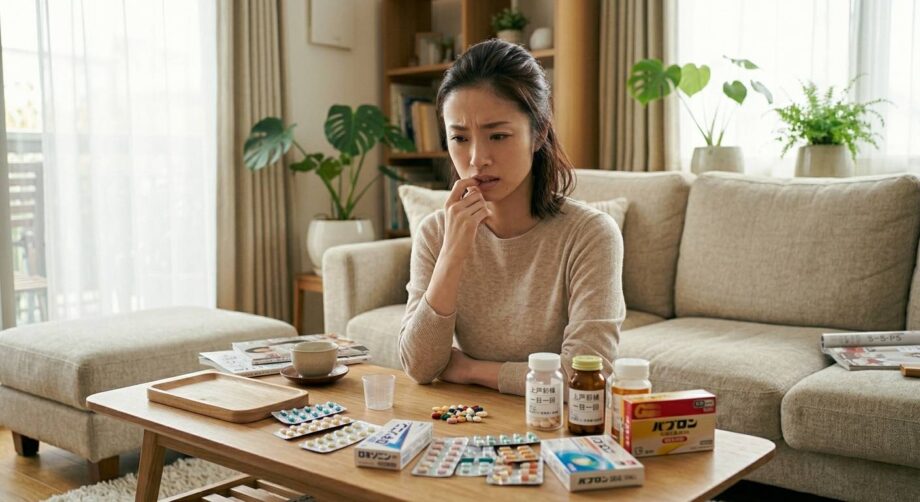 薬の種類が多くてどれを飲めばよいかわからない女性。