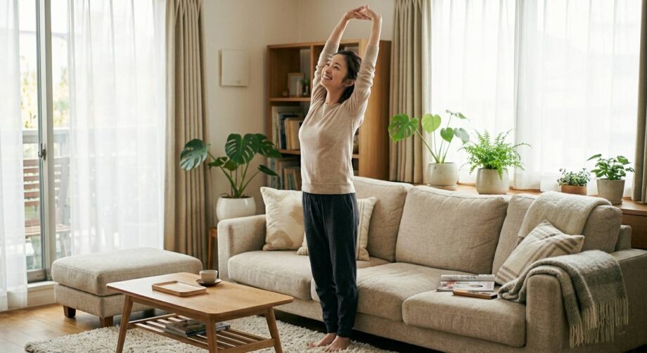 腰の痛みがなくなりスッキリとした表情で背伸びをする女性。