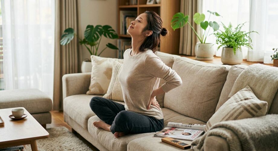 腰が痛く自宅で背伸びをする女性。