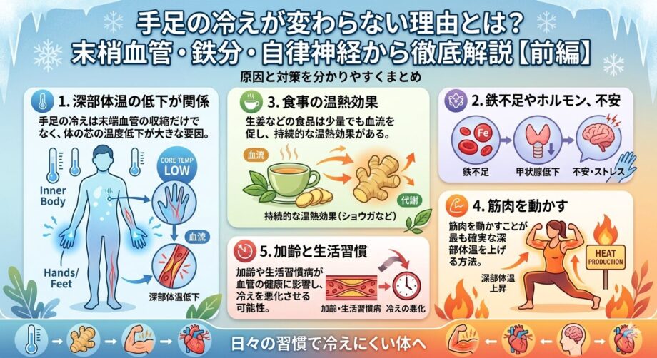 手足の冷えが変わらない理由とは?末梢血管・鉄分・自律神経から徹底解説【前編】をまとめたインフォグラフィック。