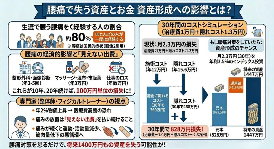 腰痛で失う資産とお金　資産形成への影響とは？をまとめたインフォグラフィック。