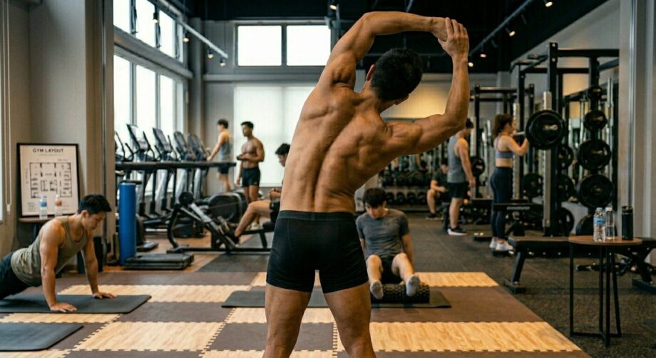ジムで肋骨まわりを伸ばすストレッチをする男性。