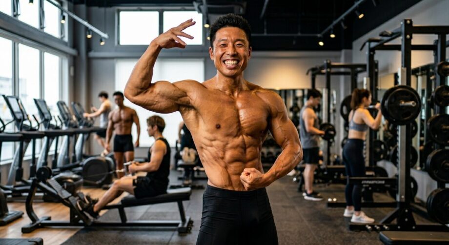 外腹斜筋を強調するポージングの男性。