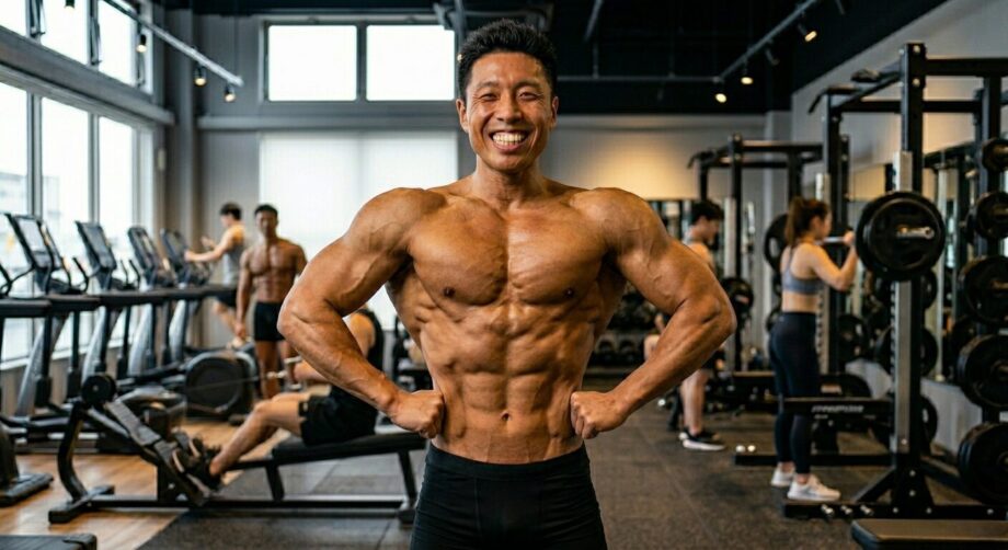 前鋸筋を強調したポージングの男性。