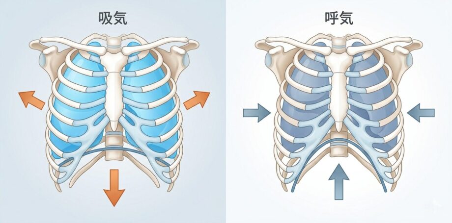 肋骨が呼吸のたびに動く様子を示したイラスト。