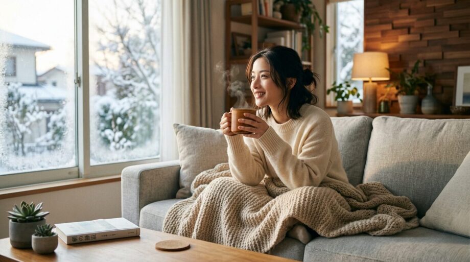 冬の朝に暖かいリビングでくつろぐ女性の画像。