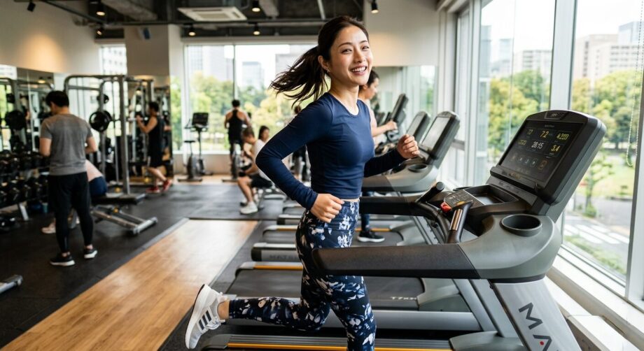 ジムでランニングマシンで有酸素運動をする女性の画像。