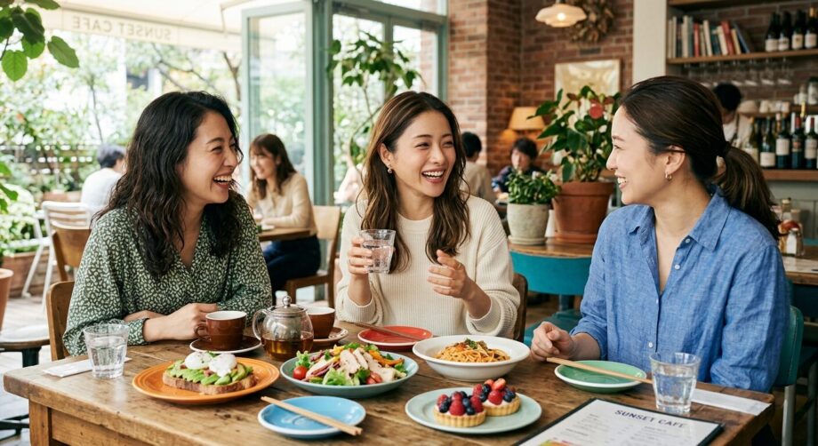 友人と談笑しながらランチをする女性の画像。
