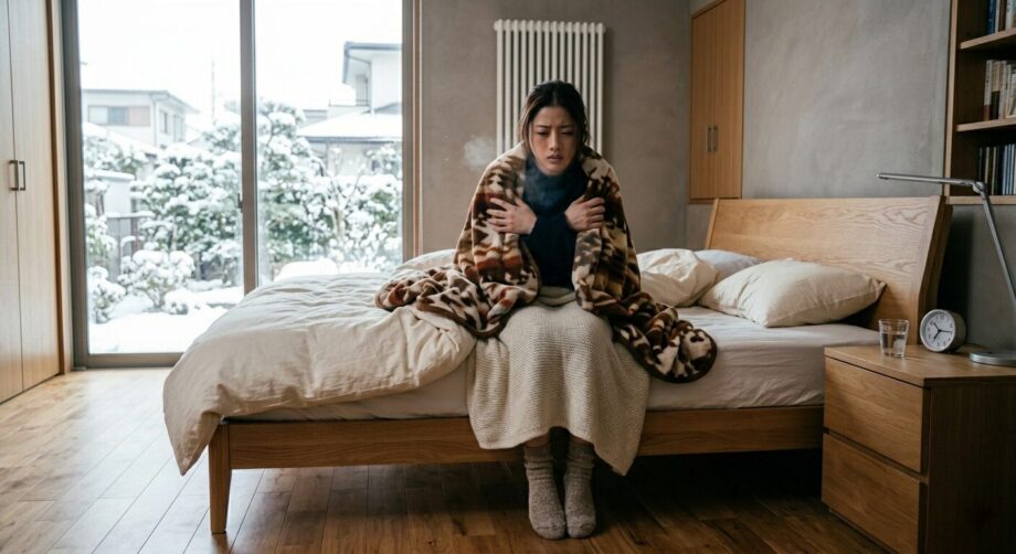 冬の朝に凍えながらベッドを出る女性の画像。