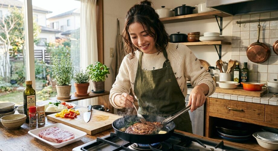 自宅で肉料理を作る女性の画像。
