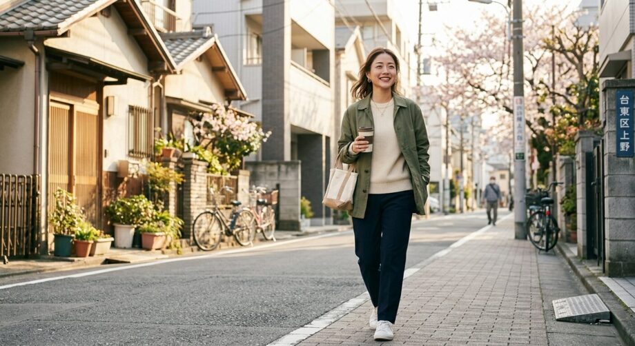 朝方のウォーキングで日光浴をする女性の画像。