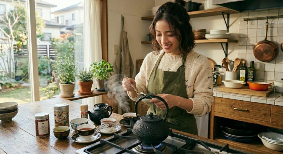 自宅で鉄瓶を使ってお湯を沸かす女性。