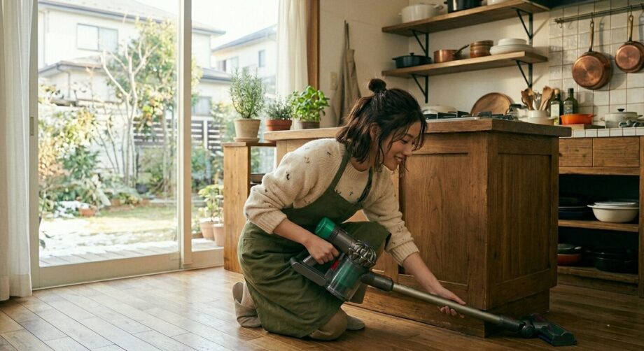 自宅でしゃがみ込み掃除をする女性の画像。