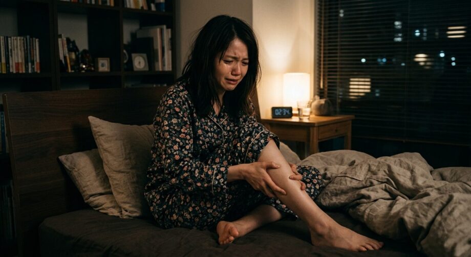 夜中に足が攣って目が覚めた女性。