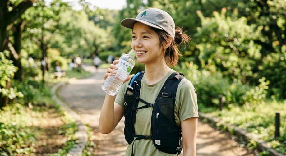 ウォーキング中に水分補給をする女性の画像。