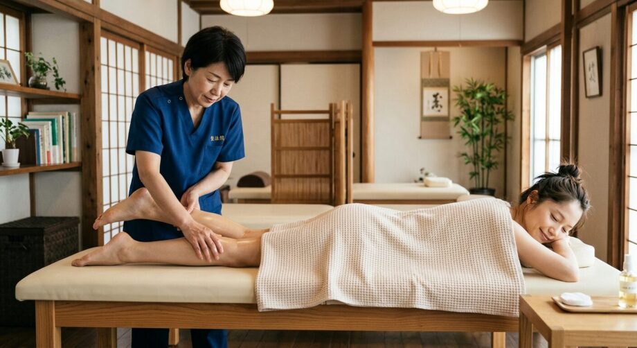 皮膚・筋膜のケアをする女性の画像。