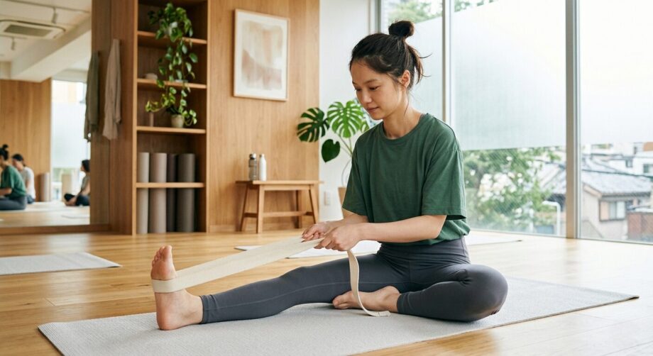 休日にふくらはぎのストレッチをする女性の画像。