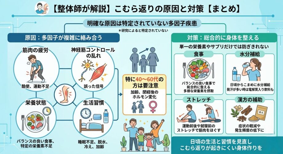 【整体師が解説】こむら返りの原因と対策【まとめ】インフォグラフィック画像。