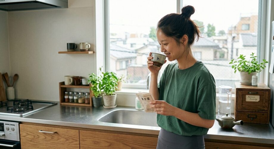 漢方薬を飲む女性の画像。