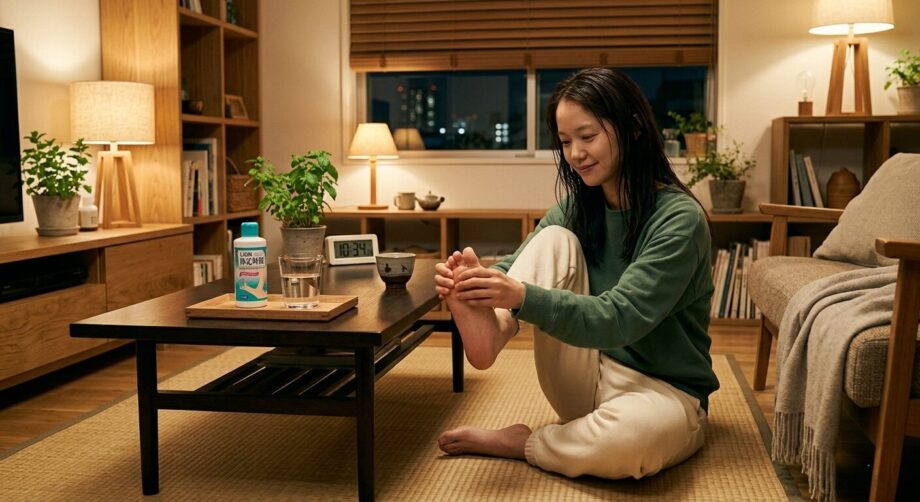 自宅で指のケアをする女性の画像。